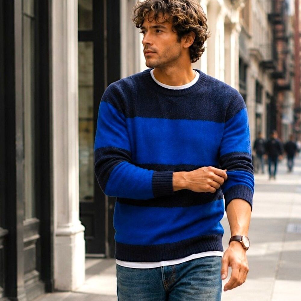 Rugby L Old Navy Casual Wool Blend Blue Stripe Sweater Soft Grunge Coastal Mens